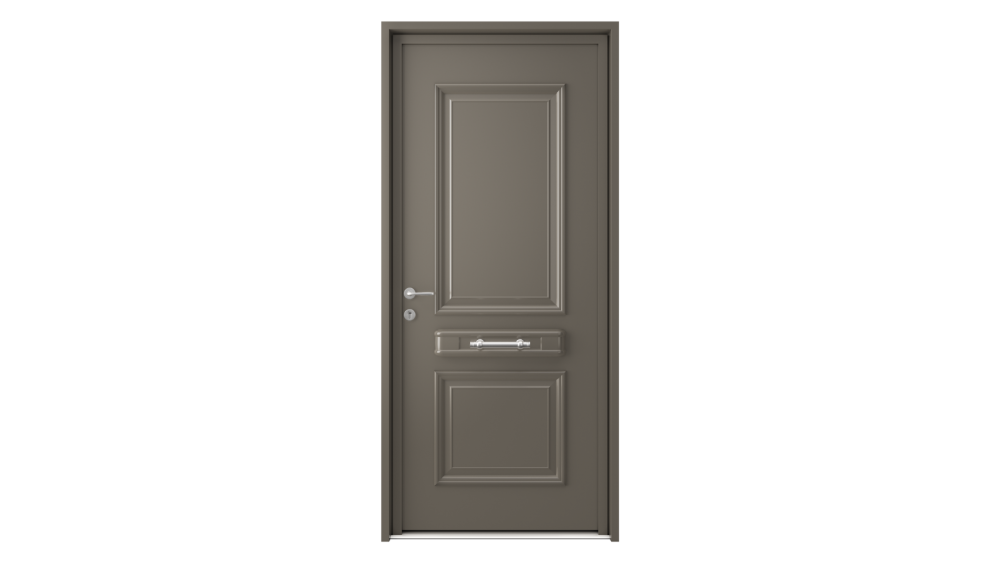 Porte d'entrée aluminium SIKINOS 2 Porte d'entrée pleine couleur taupe avec décor et barre de tirage